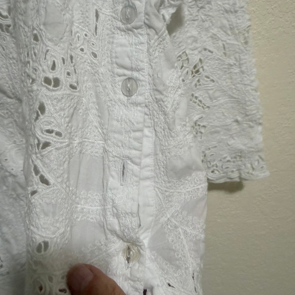 Hibis Women White Eyelet Lace Floral Embroidery Tunic V-Neck 3/4 Sleeve Top - Picture 8 of 11